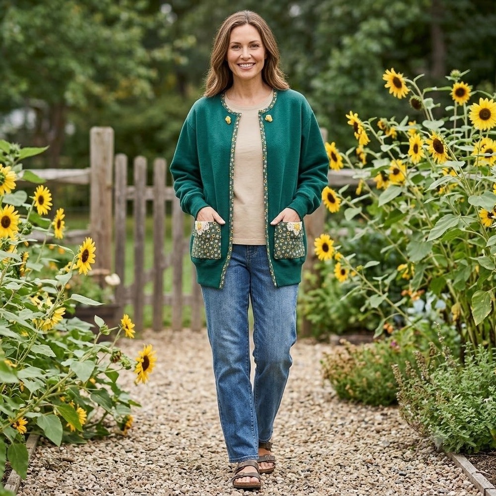 BVD Green Sunflower Patch Pocket Cardigan Sweatshirt Women's Size Medium